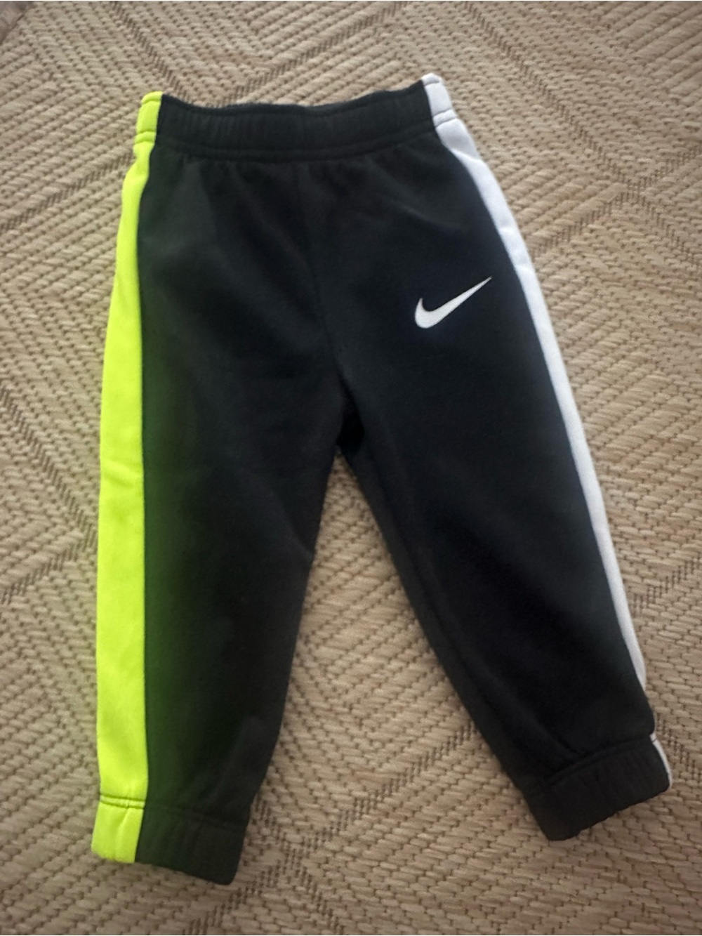 Nike Kids Black Joggers with Neon Yellow & White Side Stripes Dri Fit 12 months